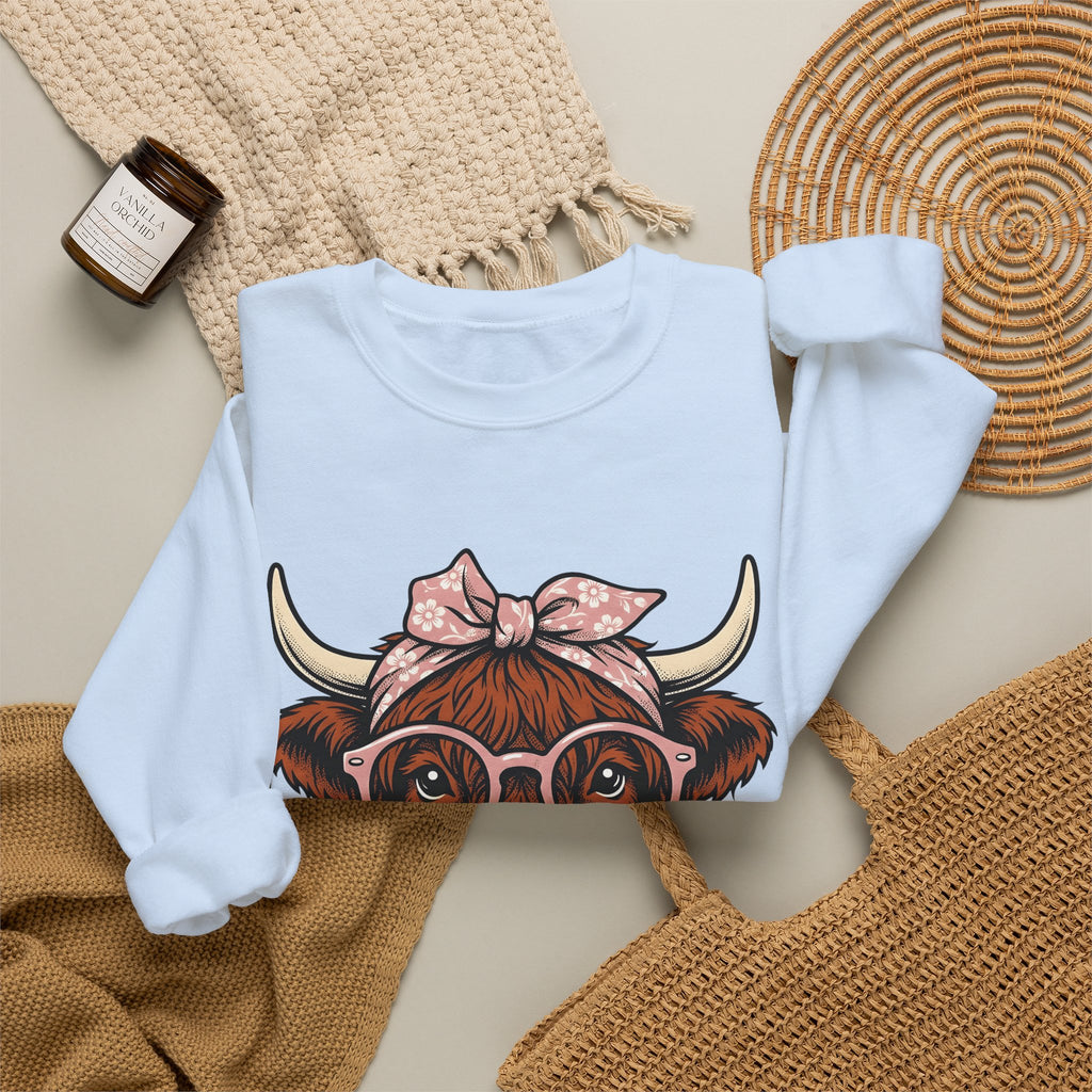Hairy Cow Sweatshirt Highland Cow Pet Gift Women Sketch Sweatshirt Furry Cow Sweatshirt Highland Cattle Fan Drawing Graphic Sweatshirt Cartoon Shades Sweatshirt