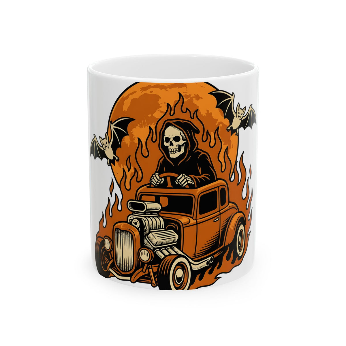 Skull Car Mug Halloween Car Gift Women Graphic Mug Hot Rod Mug Halloween Fan Typography Mug Automobile Graphic Retro Flying Bats