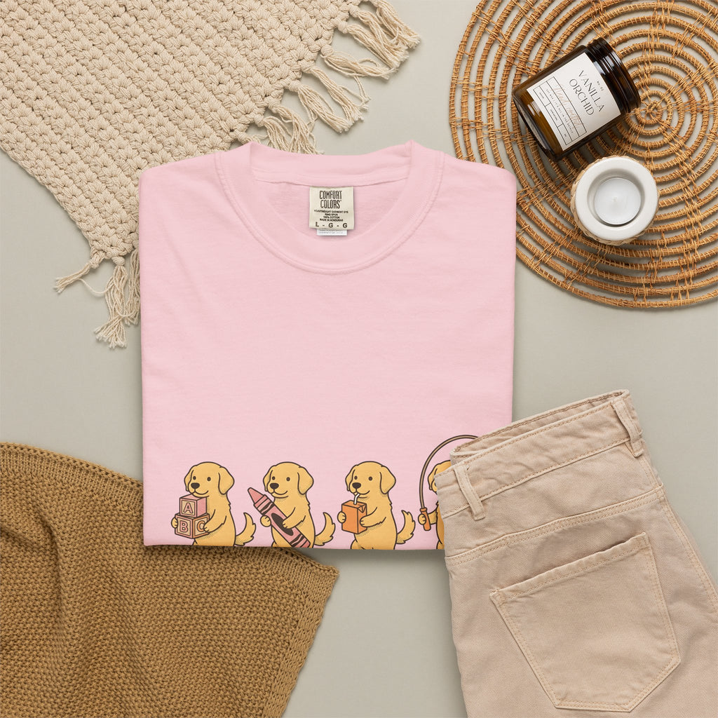 Golden Retriever Pups T-Shirt Teachers Companion Gift Women Caricature T-Shirt Puppy T-Shirt Educator Enthusiast Cartoon T-Shirt Buddy Graphic