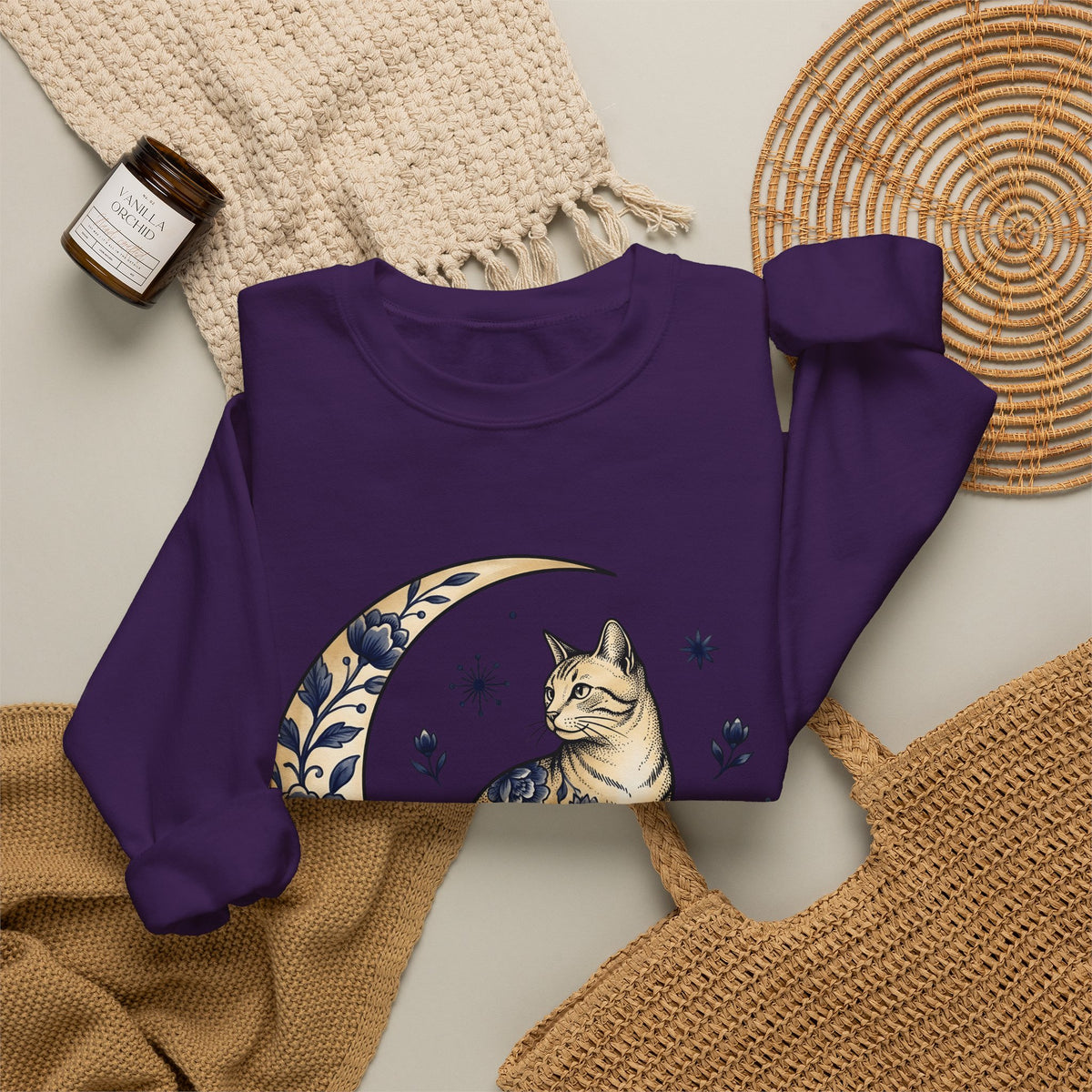 Flower Kitty Sweatshirt Cat Astrology Gift Women Hippie Sweatshirt Kitty Cat Sweatshirt Cat Fan Zodiac Graphic Sweatshirt Retro Half Moon Sweatshirt