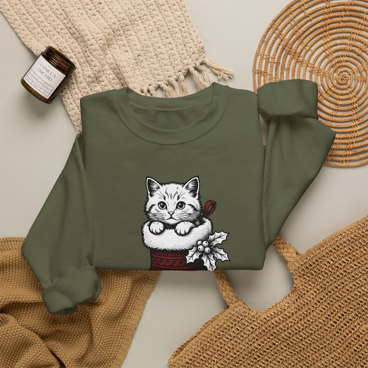 Kitten Stocking Sweatshirt Cat Christmas Gift Women Vintage Sweatshirt Christmas Stocking Sweatshirt Cat Fan Retro Sweatshirt Winter Graphic
