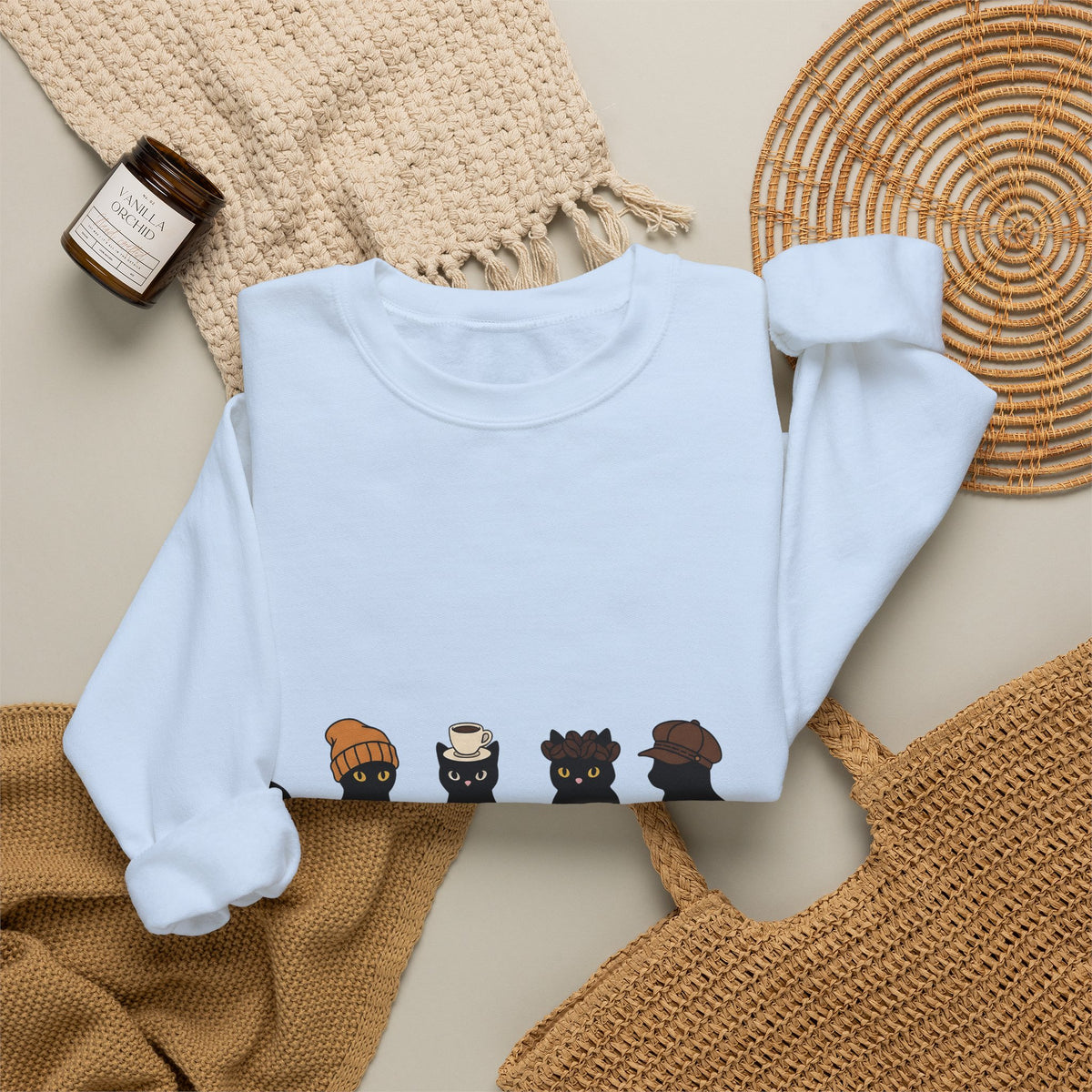Black Cat Sweatshirt Cat Cafe Gift Women Kawaii Sweatshirt Kitty Sweatshirt Cat Fan Feline Sweatshirt Coffee Graphic Minimal Simple Hat Sweatshirt