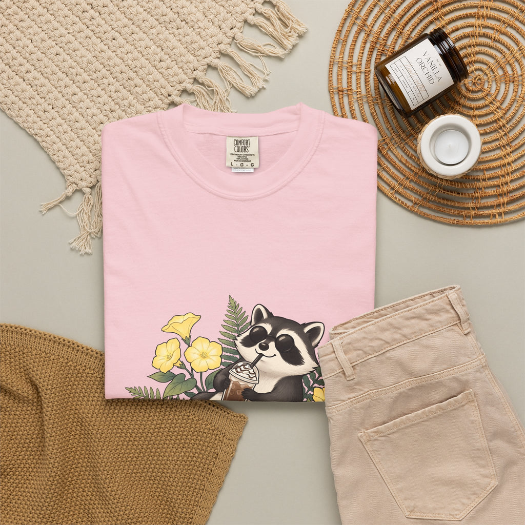 Raccoon Cappuccino T-Shirt Coffee Pet Gift Women Cartoon T-Shirt Cappuccino T-Shirt Coffee Fan Caricature T-Shirt Animal Graphic Outline Florals