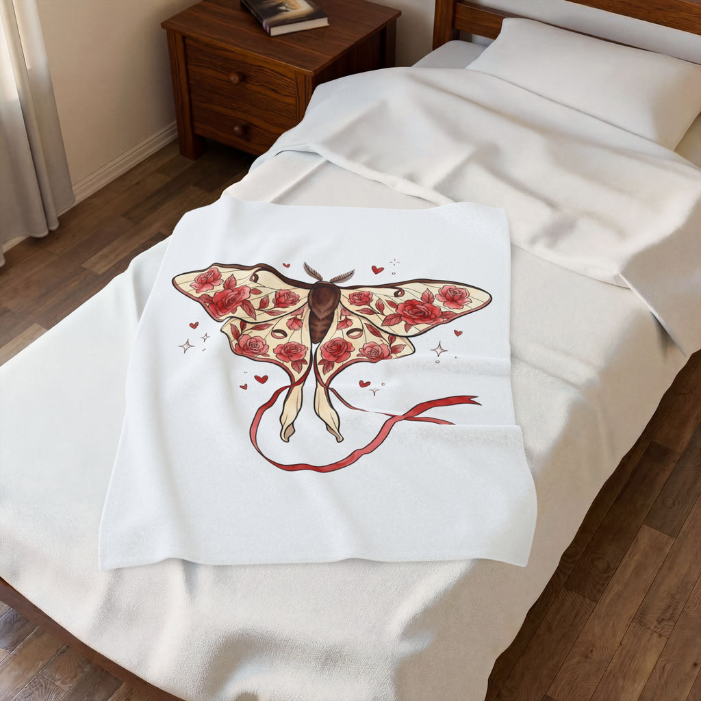 Moth Rose Blanket St. Valentine's Day Floral Gift Women Boho Blanket Rose Blanket Valentine Fan Bohemian Blanket Floral Graphic Tattoo Ribbon