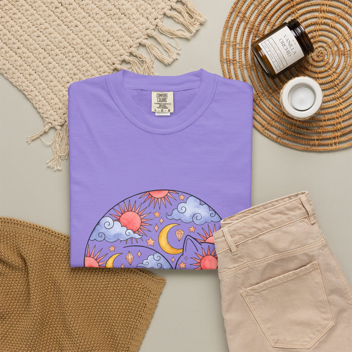 Space Cat T-Shirt Cat Constellation Gift Women Earthy T-Shirt Kitty T-Shirt Cat Fan Feline T-Shirt Galaxy Graphic Pigment Orb T-Shirt