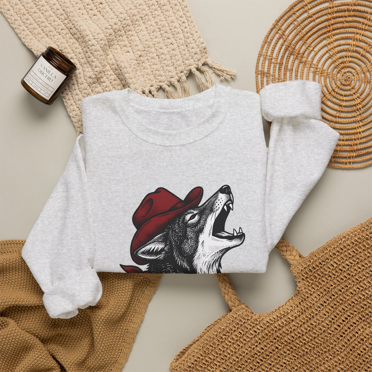 Cowboy Wolf Sweatshirt Cowgirl Western Gift Women Vintage Sweatshirt Werewolf Sweatshirt Cowboy Fan Retro Sweatshirt Rodeo Graphic Hand Drawn Bandana Sweatshirt