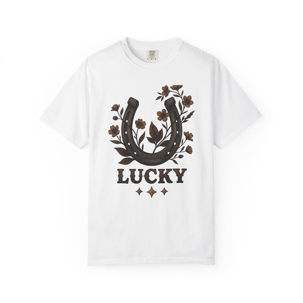 Horseshoe Blossom T-Shirt Cowgirl Bohemian Gift Women Sketch T-Shirt Lucky Clover T-Shirt Cowgirl Fan Hand Drawn T-Shirt Hippie Graphic Prairie