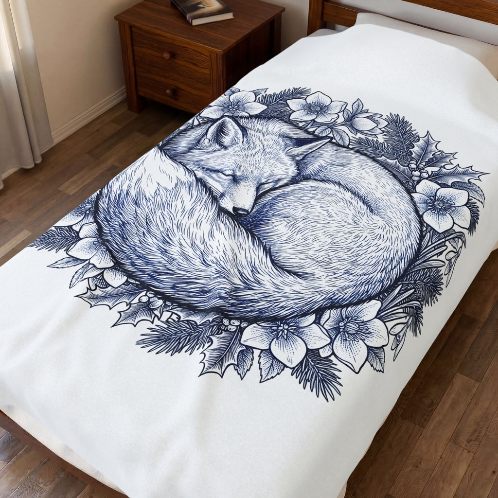 Fox Blossom Blanket Christmas Creature Gift Women Cartoon Blanket Flower Blanket Xmas Fan Comic Blanket Beast Graphic Hand Drawn Pine Branch Blanket
