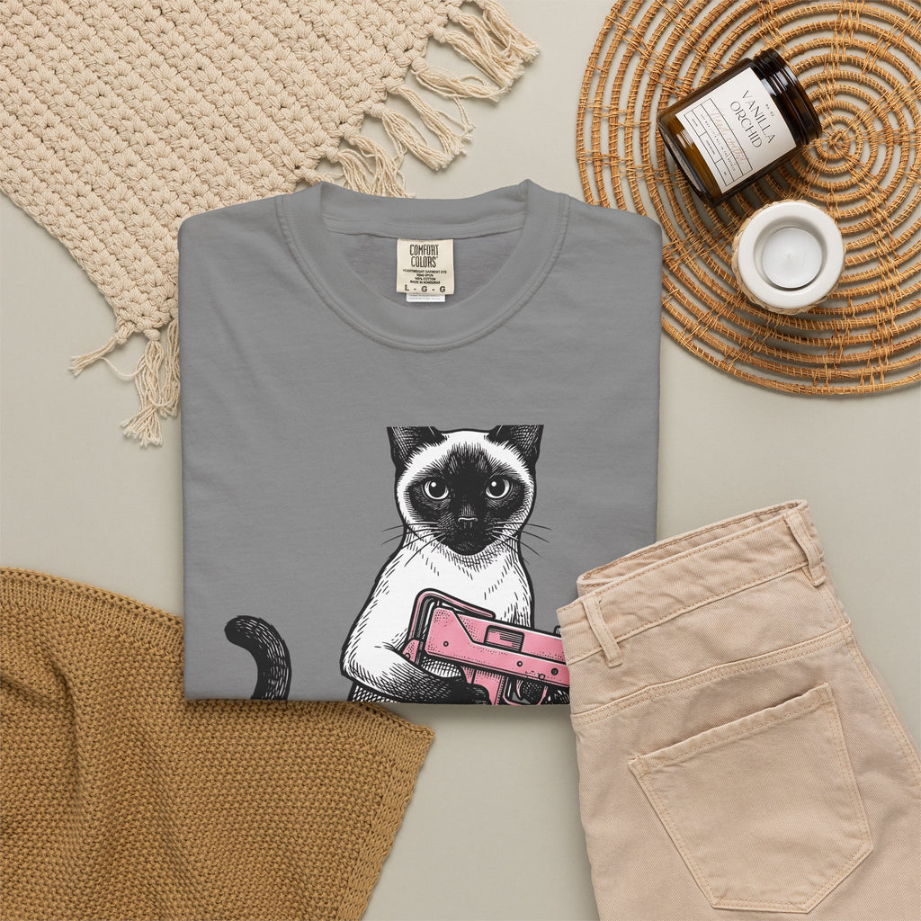 Siamese Cat T-Shirt Cat Humor Gift Women Hand Drawn T-Shirt Siamese T-Shirt Feline Fan Illustrated Graphic T-Shirt Vintage Toy Gun T-Shirt