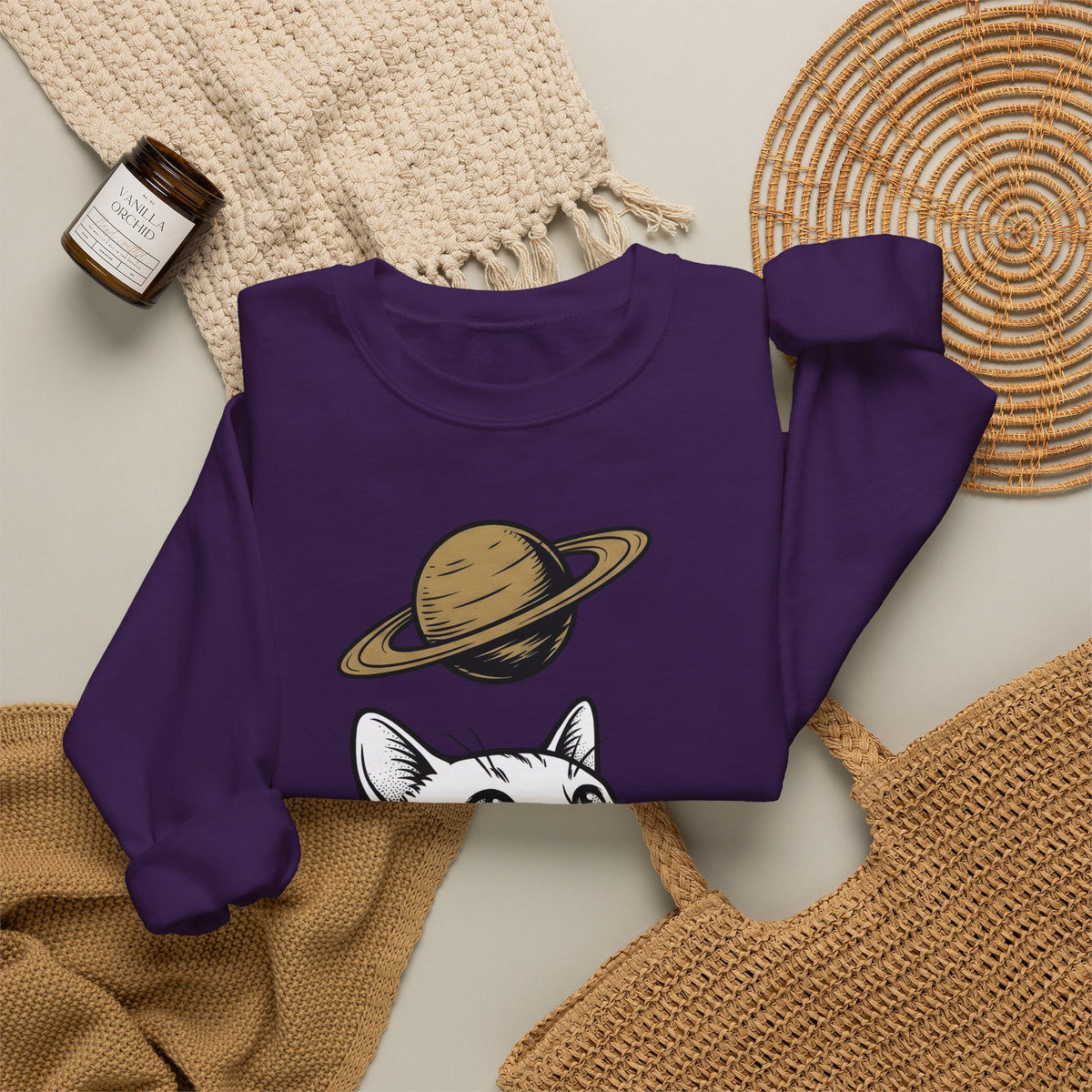 Cat Graphic Sweatshirt Cat Space Gift Women Line Art Sweatshirt Kitten Sweatshirt Feline Fan Simple Sweatshirt Galaxy Graphic Minimalist Planet Sweatshirt