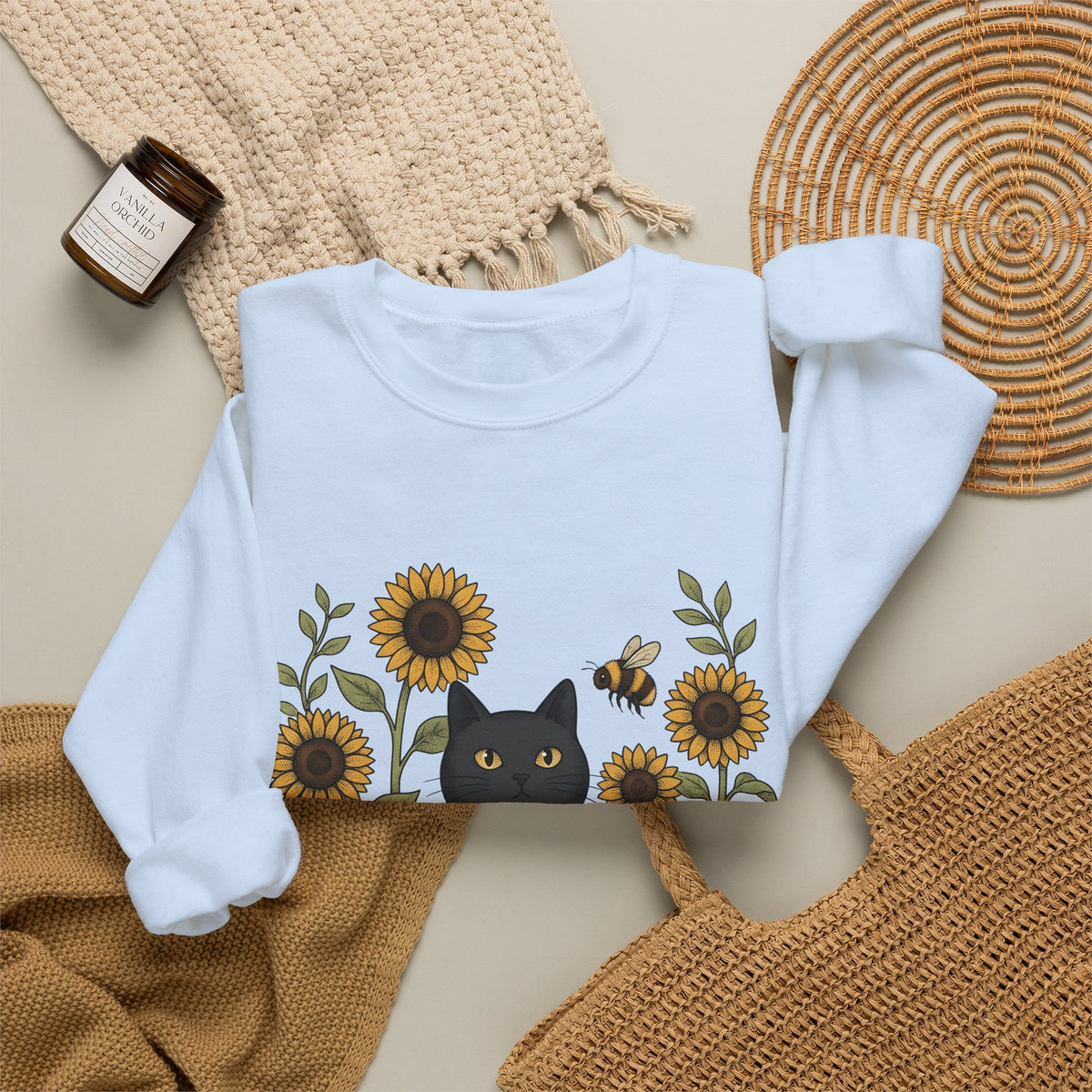Dark Cat Sweatshirt Boho Chic Garden Gift Women Line Art Sweatshirt Black Cat Sweatshirt Bohemian Fan Minimalist Sweatshirt Gardening Graphic Cartoon Yellow