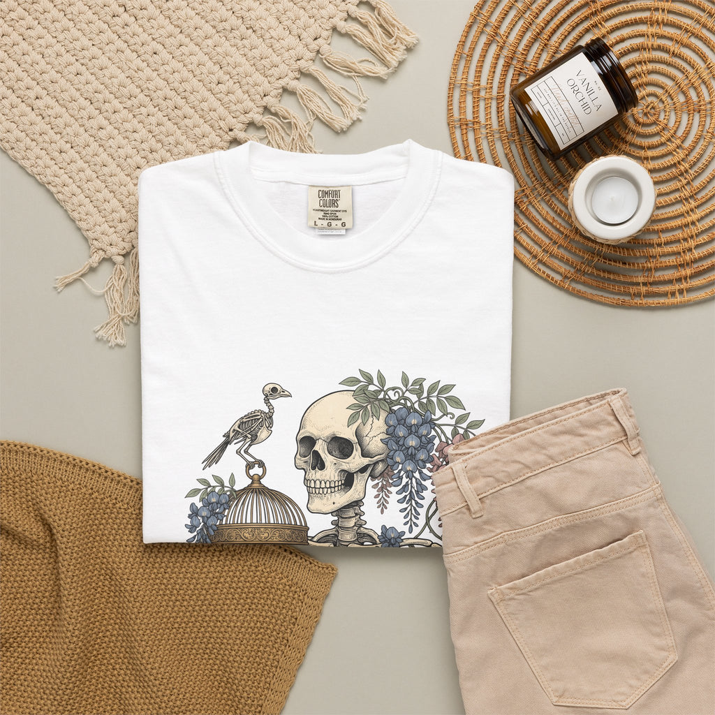 Bone Bloom T-Shirt Halloween Dark Art Gift Women Rustic T-Shirt Skeleton T-Shirt Horror Fan Gothic T-Shirt Macabre Graphic Doodle Aviary T-Shirt