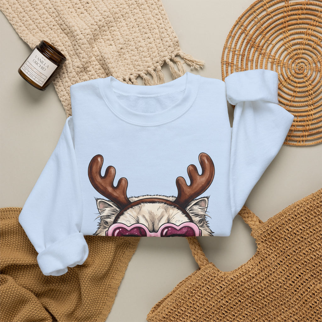 Cat Reindeer Sweatshirt Christmas Cat Gift Women Hand Drawn Sweatshirt Reindeer Sweatshirt Xmas Fan Illustrated Graphic Kitten Design Vintage Heart