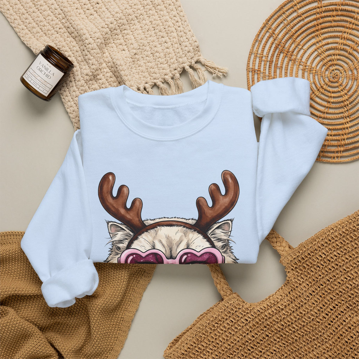 Cat Reindeer Sweatshirt Christmas Cat Gift Women Hand Drawn Sweatshirt Reindeer Sweatshirt Xmas Fan Illustrated Graphic Kitten Design Vintage Heart