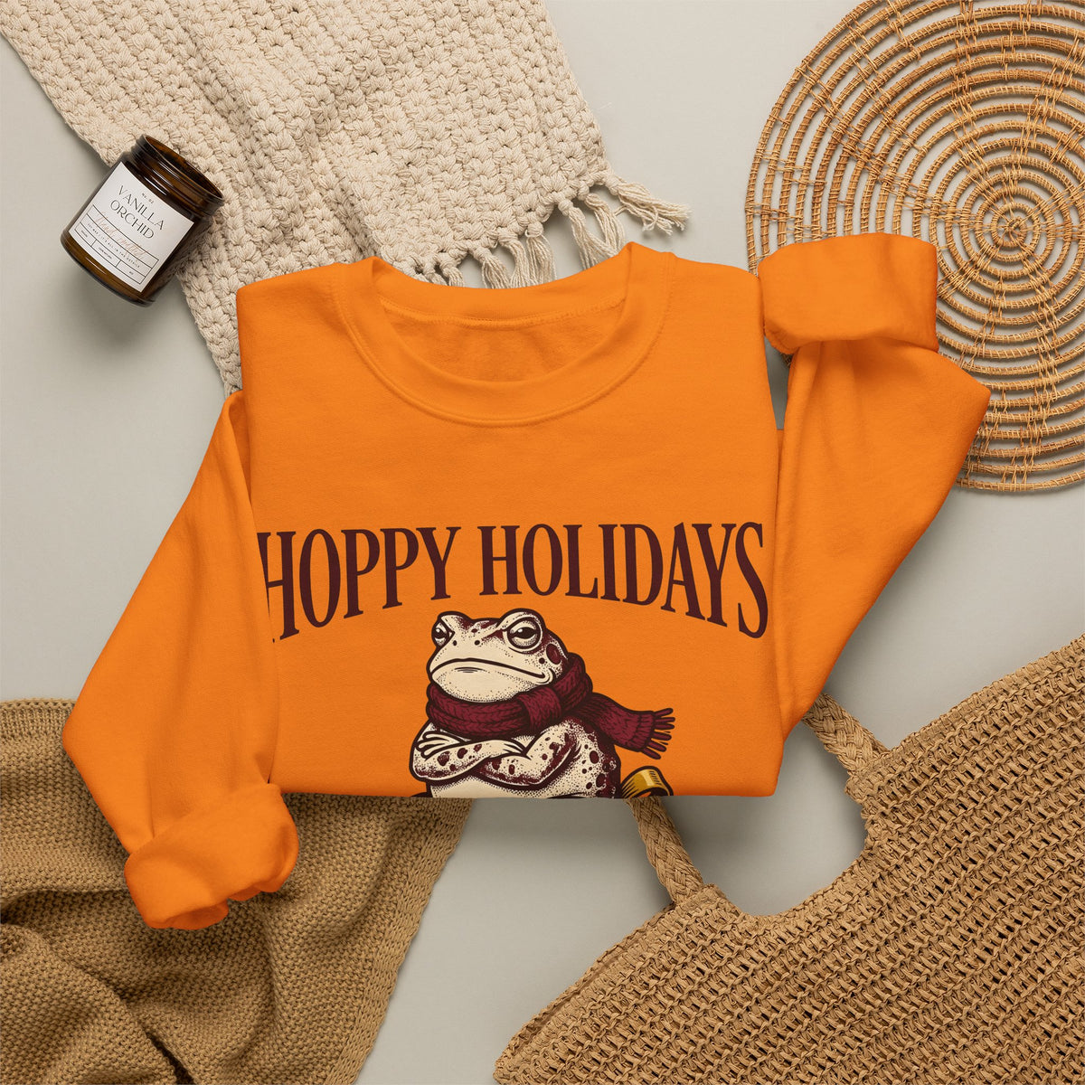 Frog Keepsake Sweatshirt Christmas Critters Gift Women Traditional Sweatshirt Toad Sweatshirt Xmas Fan Hand Drawn Sweatshirt Creature Graphic Outline Muffler