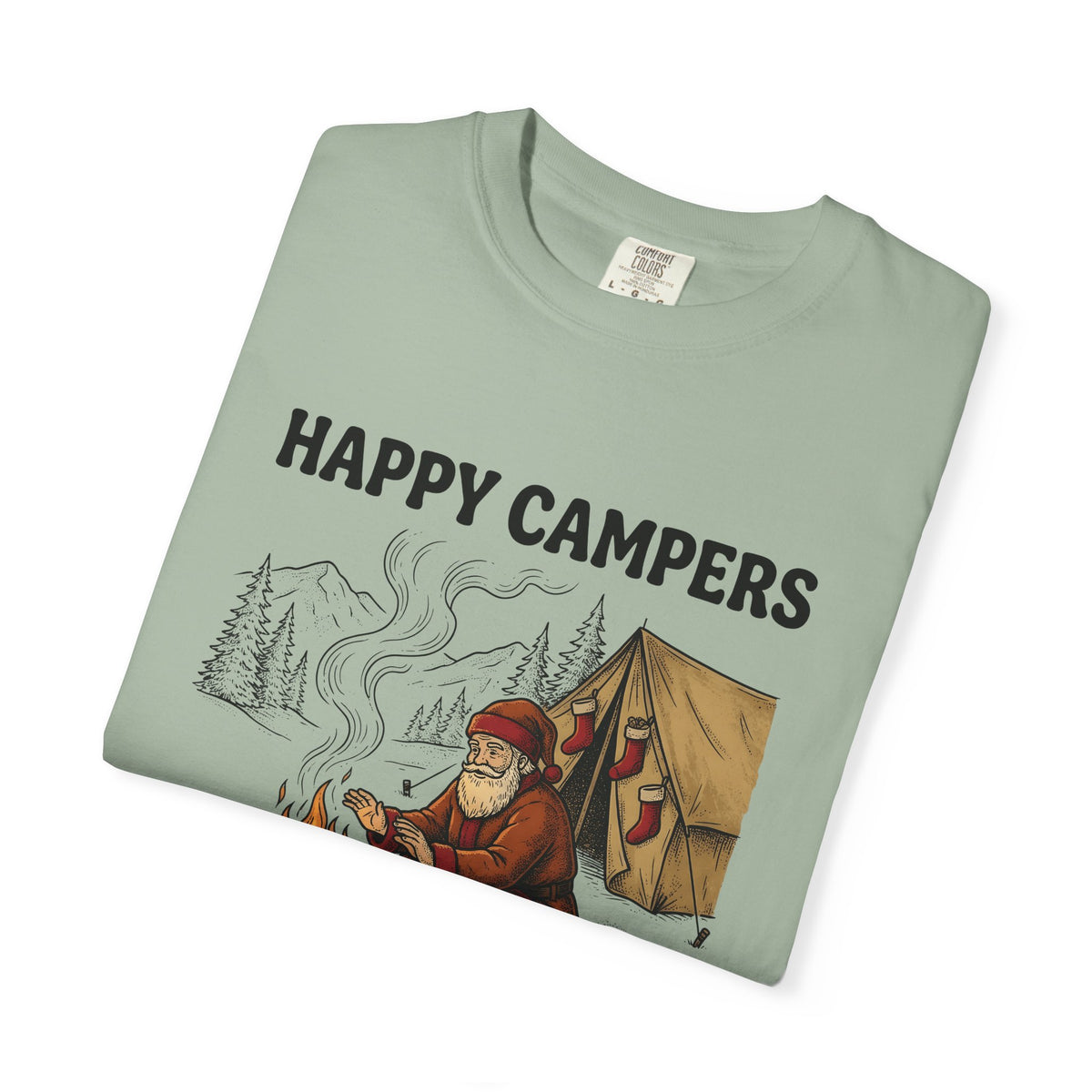 Santa Campfire T-Shirt Christmas Hiking Gift Women Rustic T-Shirt Krampus T-Shirt Xmas Fan Holiday Trek Graphic T-Shirt Line Art Camping Tent