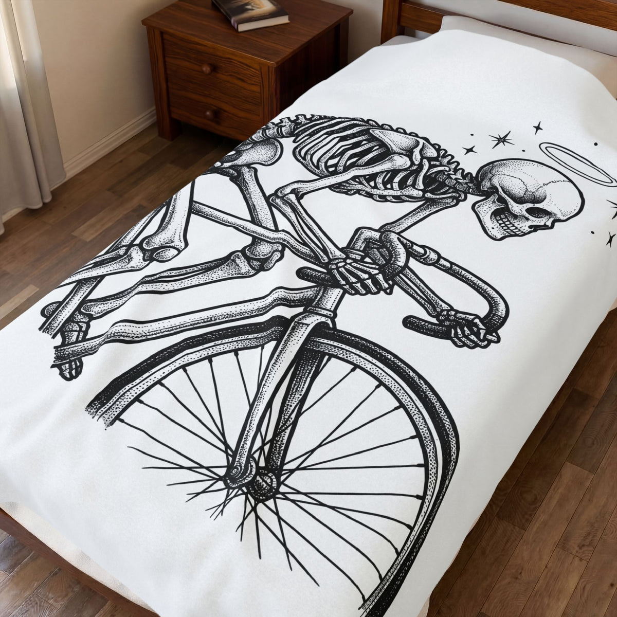 Skeleton Bicycle Blanket Cycling Gothic Gift Women Tattoo Style Blanket Bike Blanket Cyclist Enthusiast Ink Blanket Dark Graphic Vintage Halo