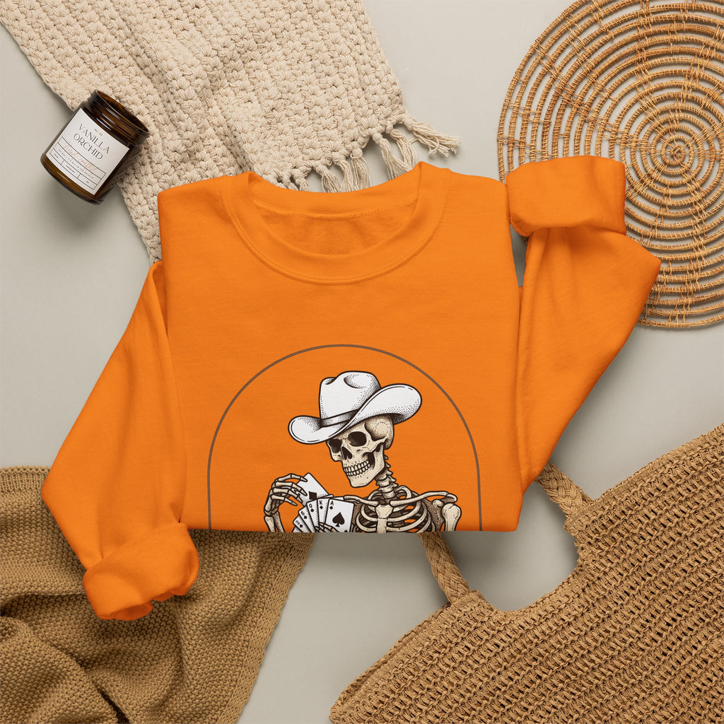 Skeleton Rancher Sweatshirt Halloween Cowboy Gear Gift Women Shabby Chic Sweatshirt Skeleton Sweatshirt Horror Fan Distressed Graphic Sweatshirt Doodle Card