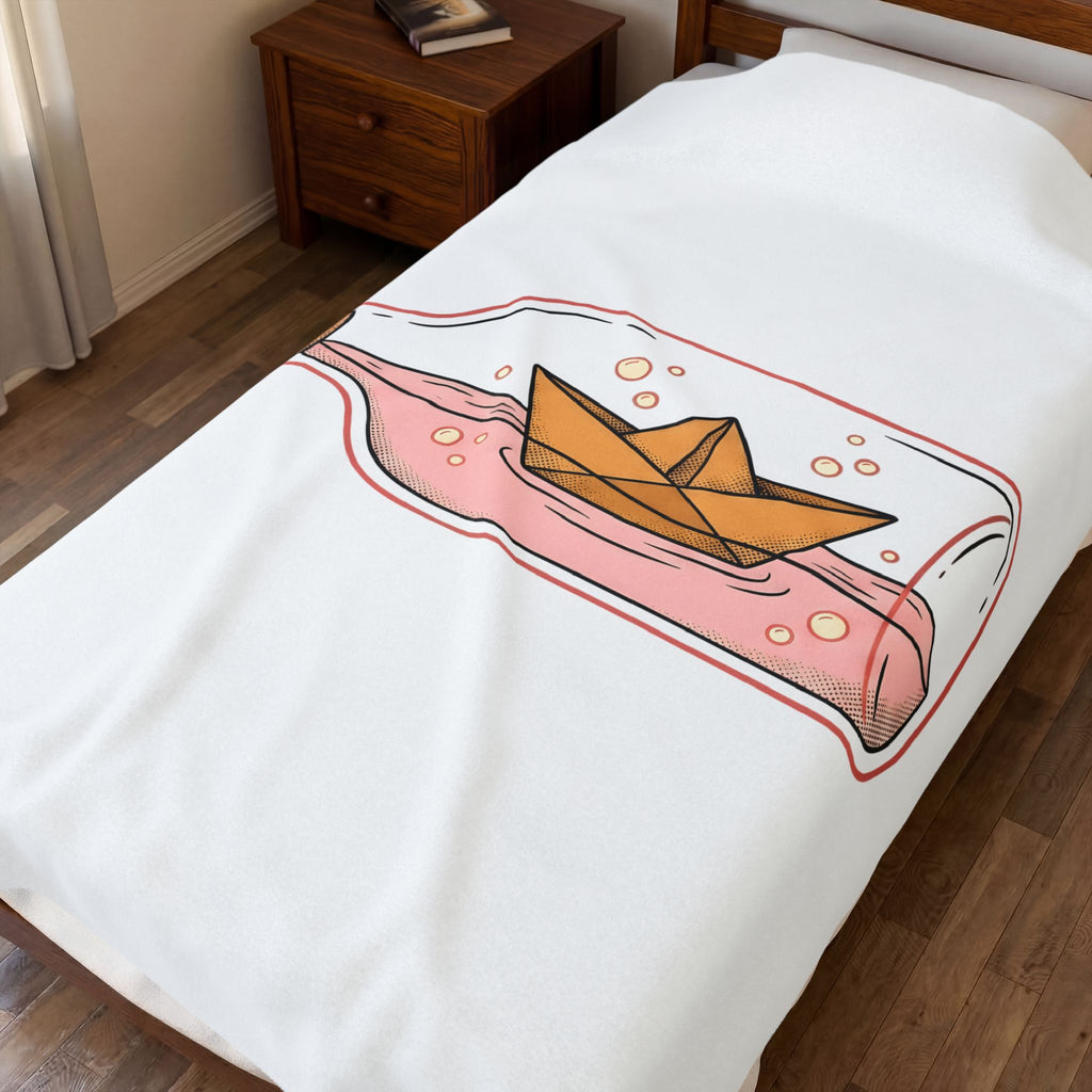 Paper Boat Bottle Blanket Cute Nautical Gift Women Whimsical Blanket Glass Bottle Blanket Adorable Fan Artistic Blanket Maritime Graphic Hand Drawn