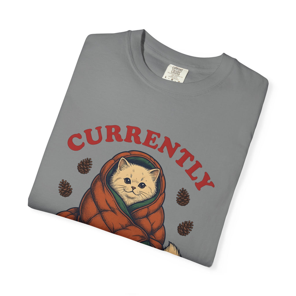 Warm Cat T-Shirt Cat Backpacking Gift Women Farmhouse T-Shirt Kitty T-Shirt Feline Fan Rustic T-Shirt Hiking Graphic Line Art Conifer Cones T-Shirt