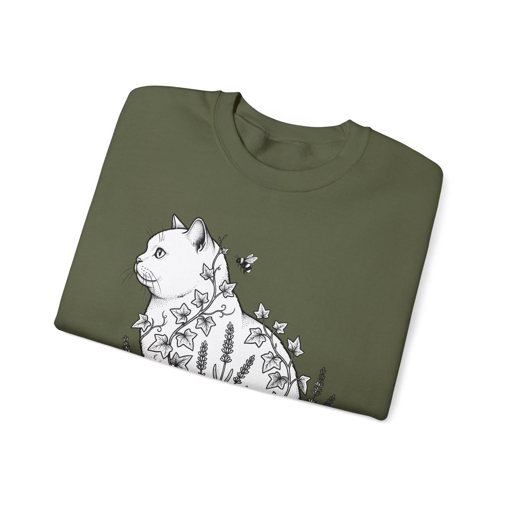 Feline Blossom Sweatshirt Cat Wildlife Gift Women Garden Sweatshirt Catflower Sweatshirt Cat Fan Animal Graphic Kitten Line Art Pollinator Sweatshirt