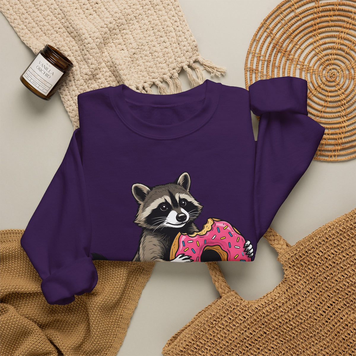 Raccoon Donut Desserts Animal Gift Cartoon Donut Pastry Fan Comic Wildlife Hand Drawn Sprinkles Sweatshirt