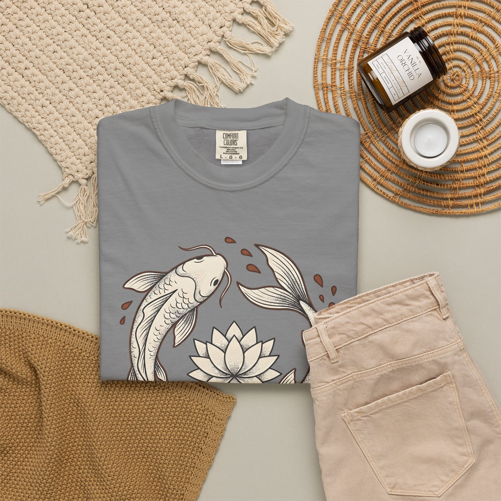 Koi Fish T-Shirt Koi Fish Calm Gift Women Folk Art T-Shirt Carp T-Shirt Koi Fan Naïve Art T-Shirt Serene Graphic Outline Flower T-Shirt