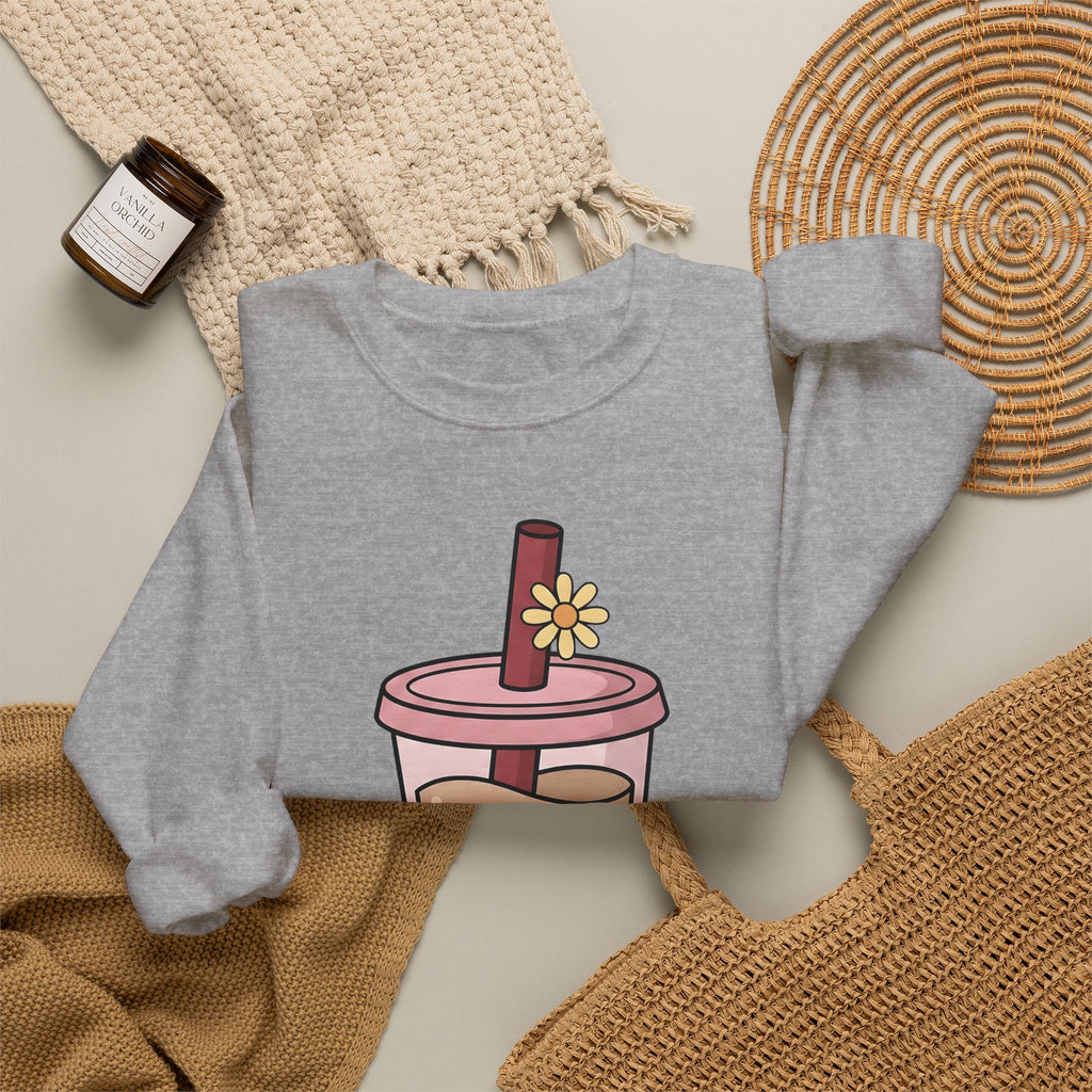 Boba Tea Sweatshirt Drinks Cuisine Gift Women Cute Sweatshirt Bubble Tea Sweatshirt Beverage Fan Milk Tea Sweatshirt Food Graphic Simple Blossom Sweatshirt