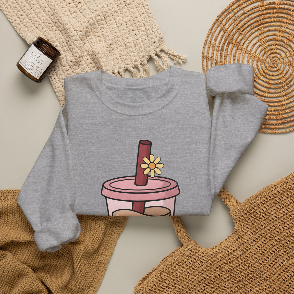 Boba Tea Sweatshirt Drinks Cuisine Gift Women Cute Sweatshirt Bubble Tea Sweatshirt Beverage Fan Milk Tea Sweatshirt Food Graphic Simple Blossom Sweatshirt