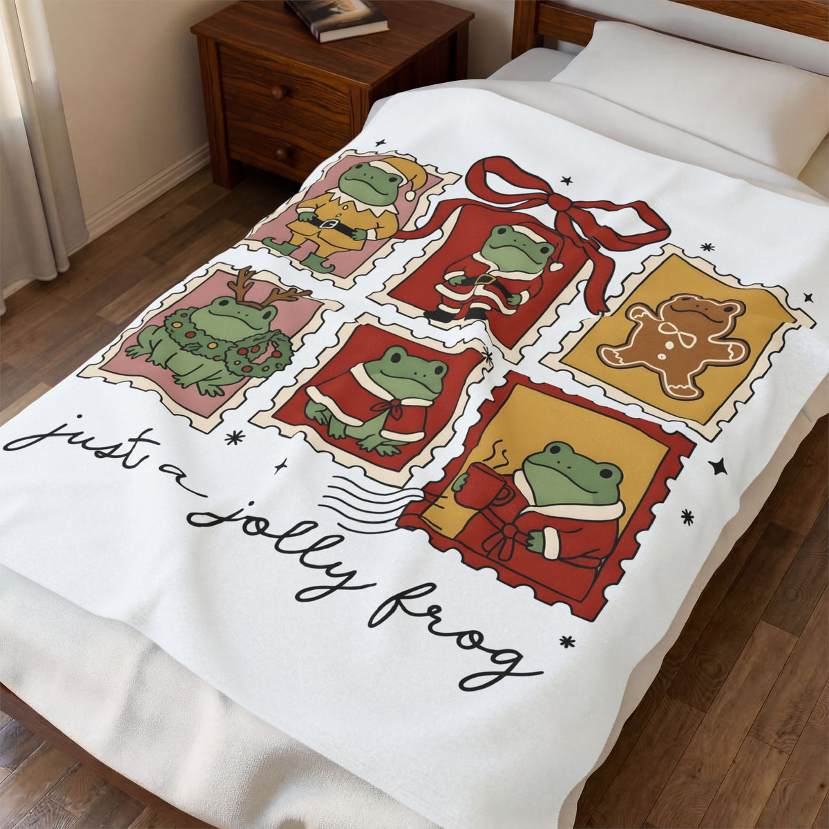 Frog Holiday Stamps Blanket Christmas Pets Gift Women Cute Blanket Toad Blanket Christmas Fan Kawaii Blanket Animal Graphic Vintage Festive Wreath