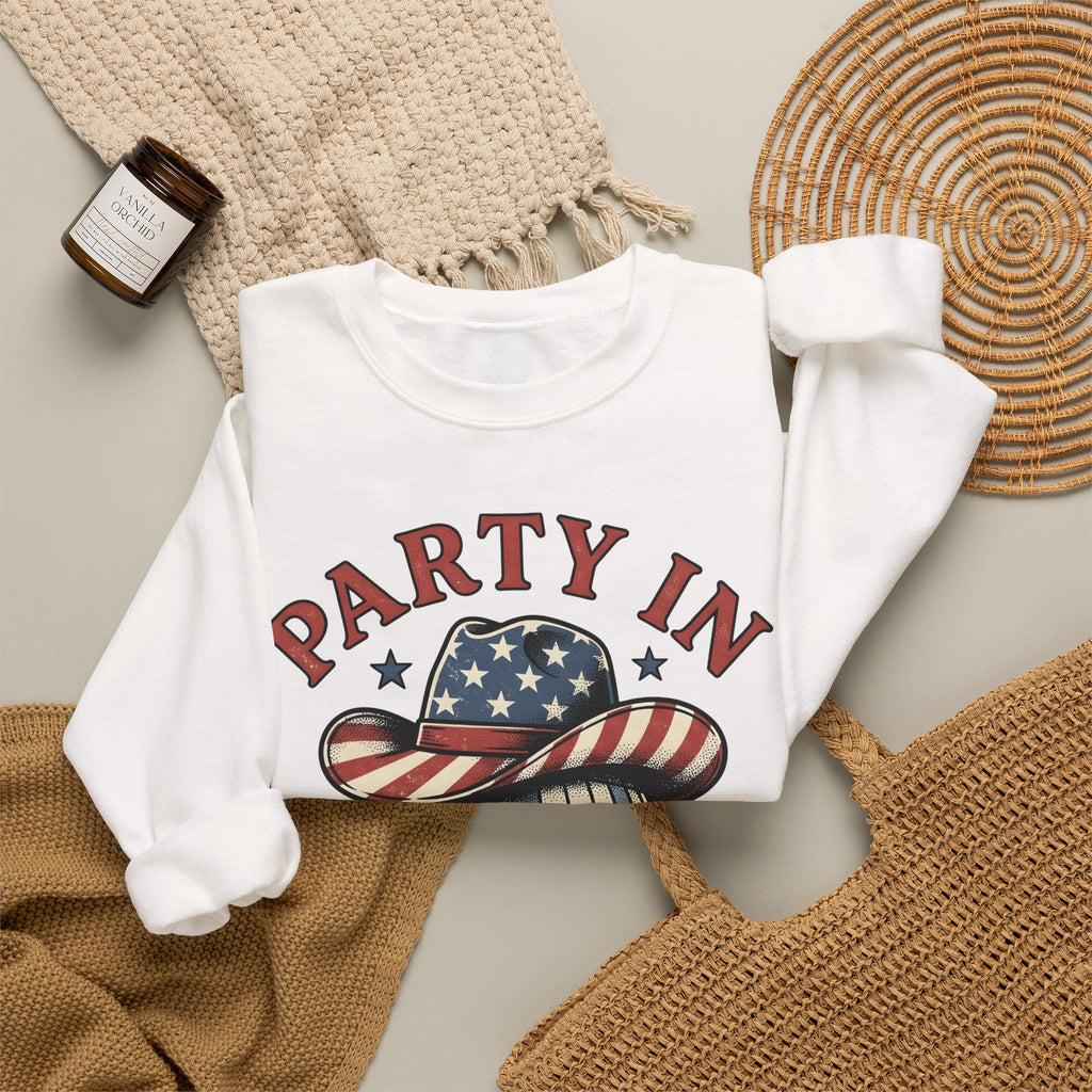 Disco Hat Cowboy Sweatshirt 4th Of July Flag Gift Women Distressed Sweatshirt Western Cowboy Sweatshirt Independence Day Fan Vintage Sweatshirt Patriotic
