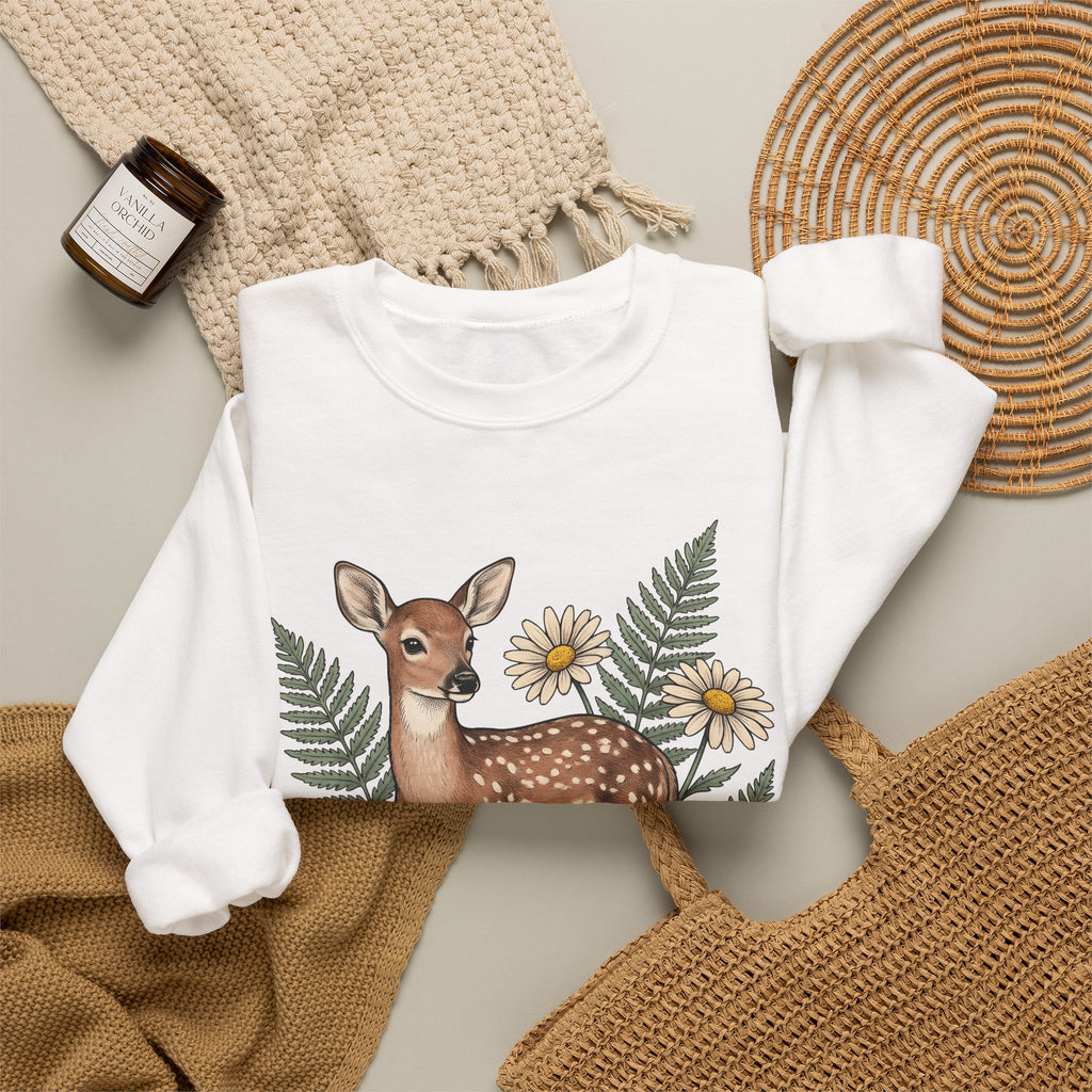 Deer Illustration Sweatshirt Boho Chic Outdoor Gift Women Floral Sweatshirt Fawn Sweatshirt Bohemian Fan Botanical Sweatshirt Wilderness Graphic Retro Flower
