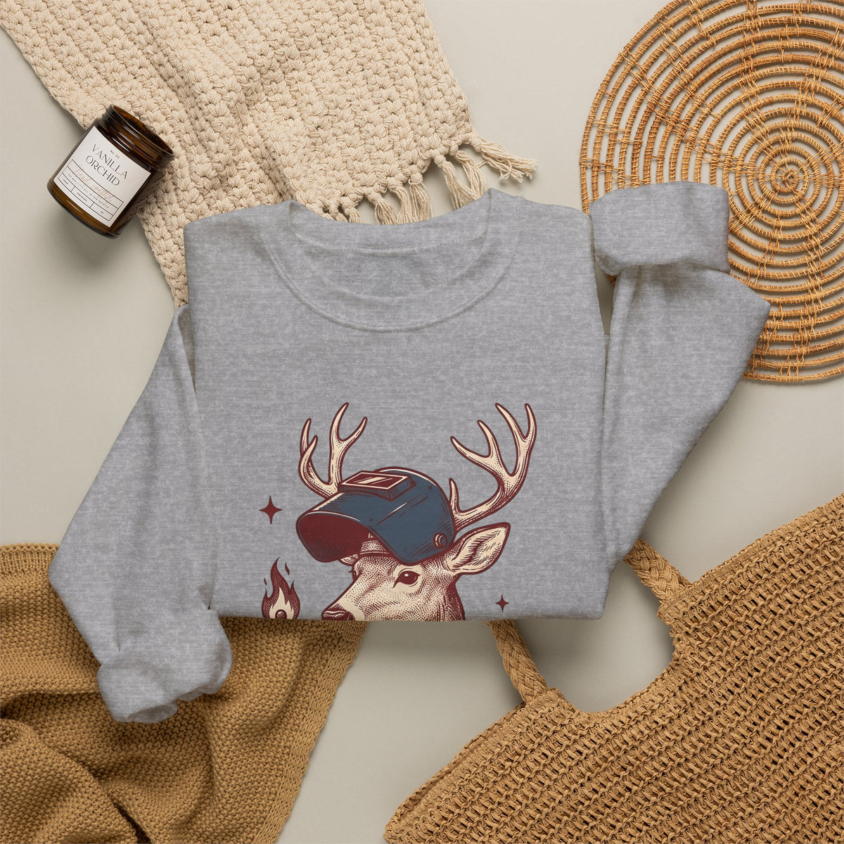 Horned Deer Welding Face Shield Sweatshirt Funny Nature Gift Women Antique Sweatshirt Welding Mask Sweatshirt Humor Fan Vintage Sweatshirt Wildlife Graphic