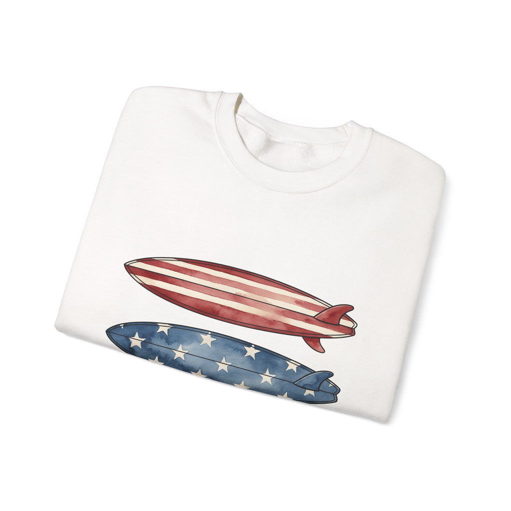 American Surfboards Sweatshirt 4th Of July Ocean Gift Women Painting Sweatshirt Surfboard Sweatshirt Independence Day Fan Artistic Sweatshirt Sea Graphic Retro