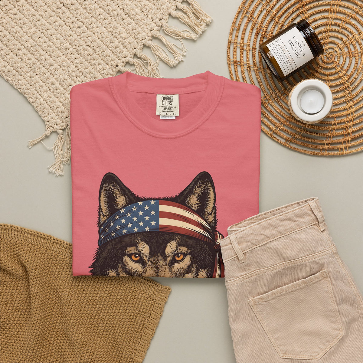 Wolf Face T-Shirt 4th Of July Wildlife Gift Women Retro T-Shirt Lupine T-Shirt Independence Day Fan Vintage T-Shirt Animal Graphic Sketch Flag