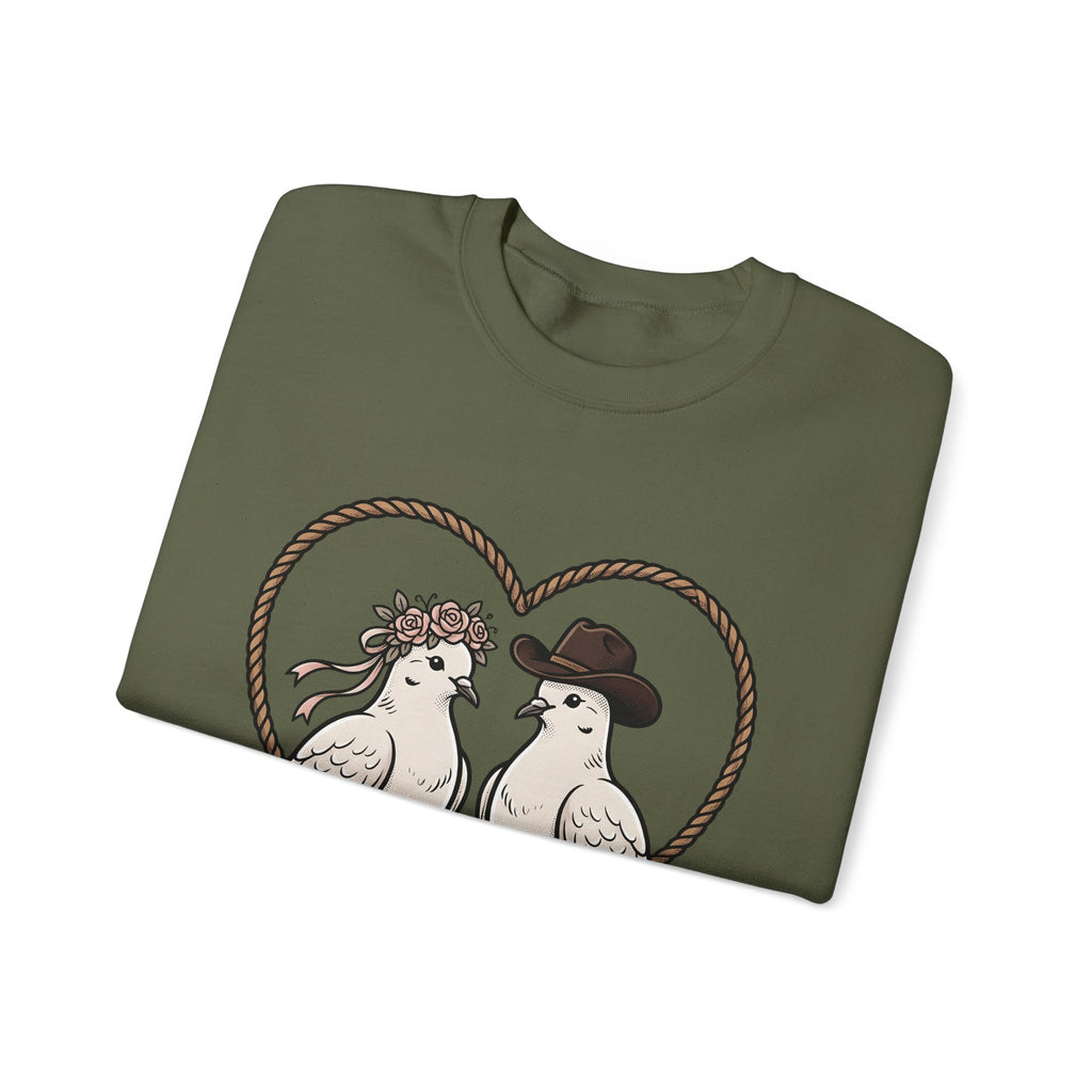 Dove Duo Sweatshirt Cowgirl Ranch Gift Women Classic Sweatshirt Pigeons Sweatshirt Rodeo Fan Rustic Graphic Sweatshirt Pen Drawing Braided Heart Sweatshirt