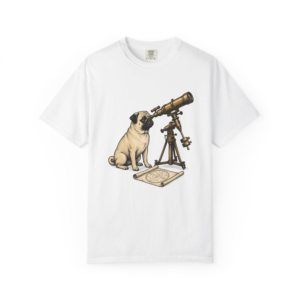 Pug Puppy T-Shirt Dog Space Gift Women Retro T-Shirt Puppy T-Shirt Dog Fan Canine T-Shirt Vintage Graphic Astronomy Illustration Sketch Binoculars