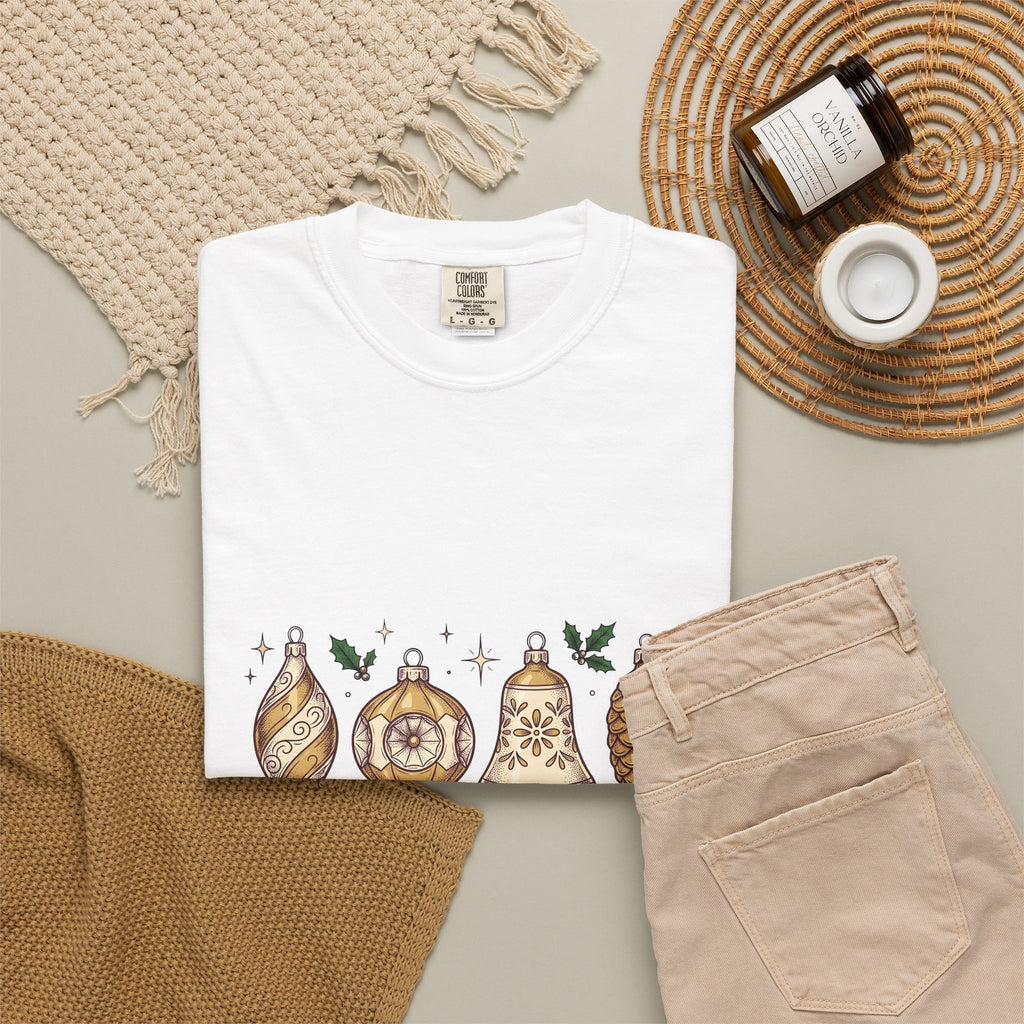 Festive Ornaments T-Shirt Christmas Event Gift Women Line Art T-Shirt Baubles T-Shirt Xmas Fan Illustration Graphic T-Shirt Hand Painted Pine