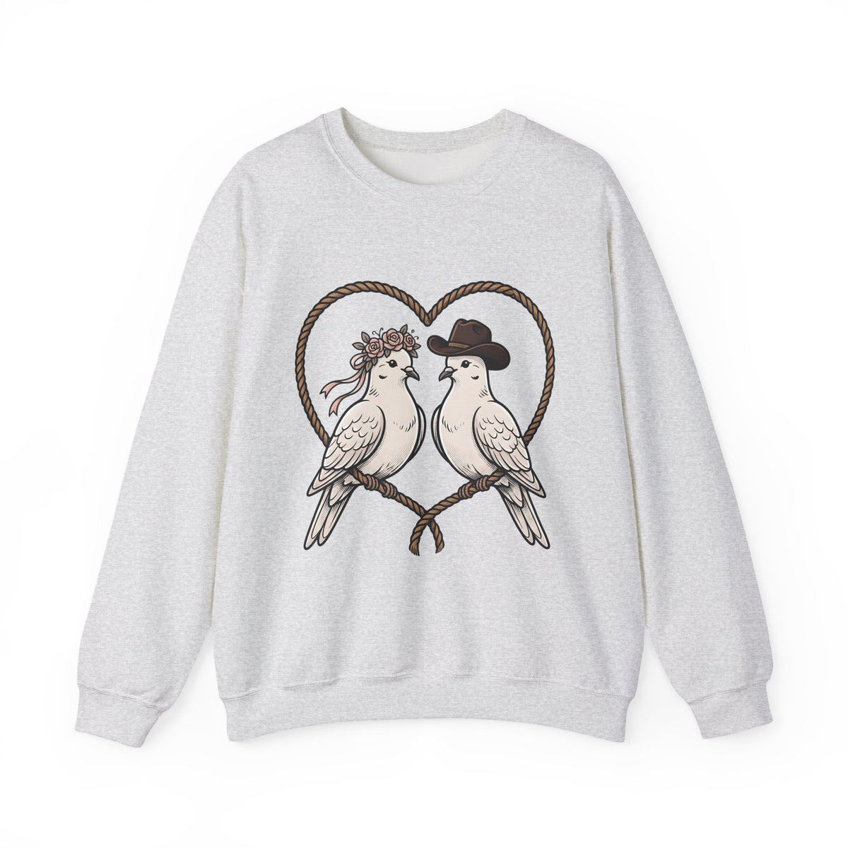 Dove Duo Sweatshirt Cowgirl Ranch Gift Women Classic Sweatshirt Pigeons Sweatshirt Rodeo Fan Rustic Graphic Sweatshirt Pen Drawing Braided Heart Sweatshirt