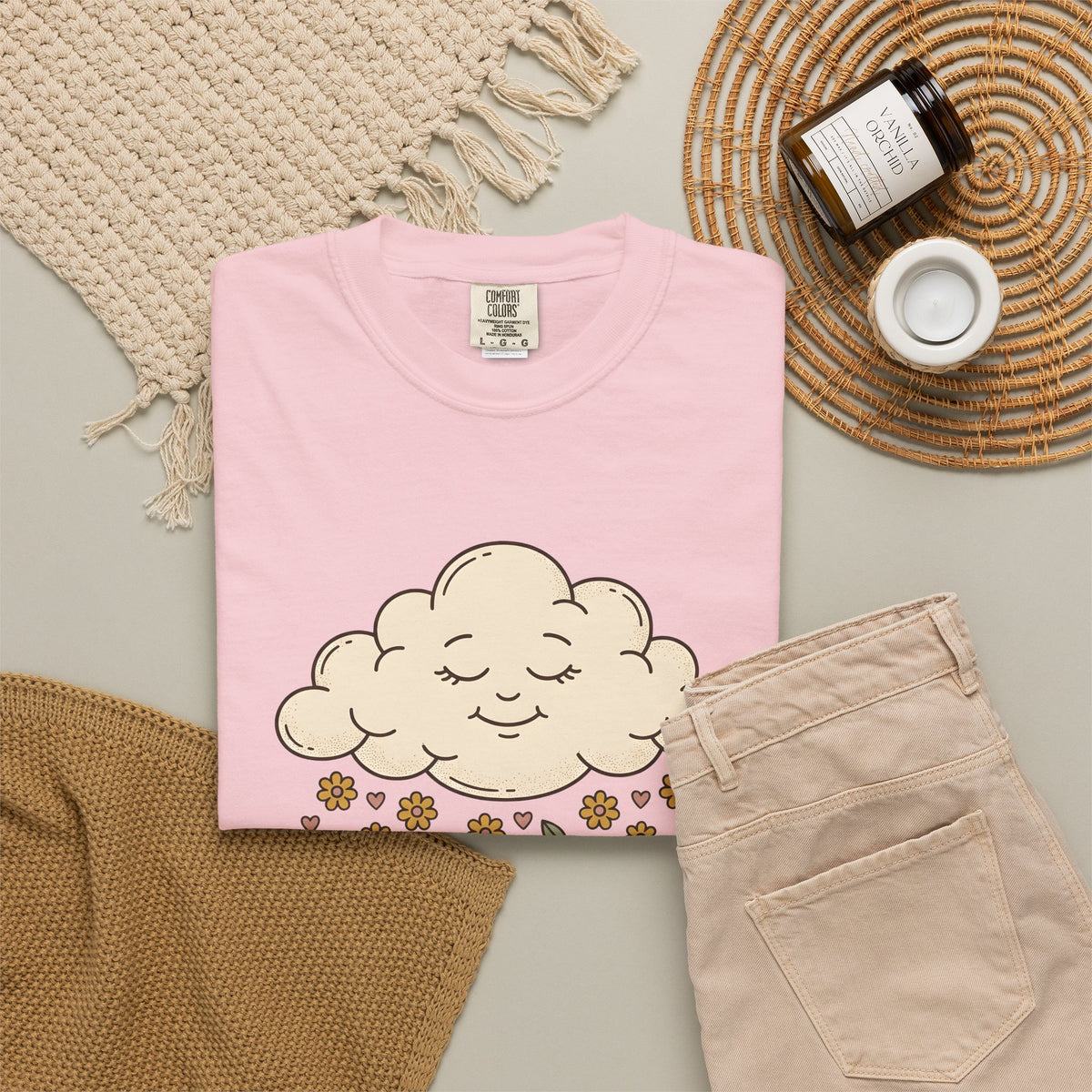 Joyful Cloud T-Shirt Boho Chic Encouragement Gift Women Cartoon T-Shirt Cloud T-Shirt Bohemian Fan Illustrated Graphic T-Shirt Hand Drawn Bloom