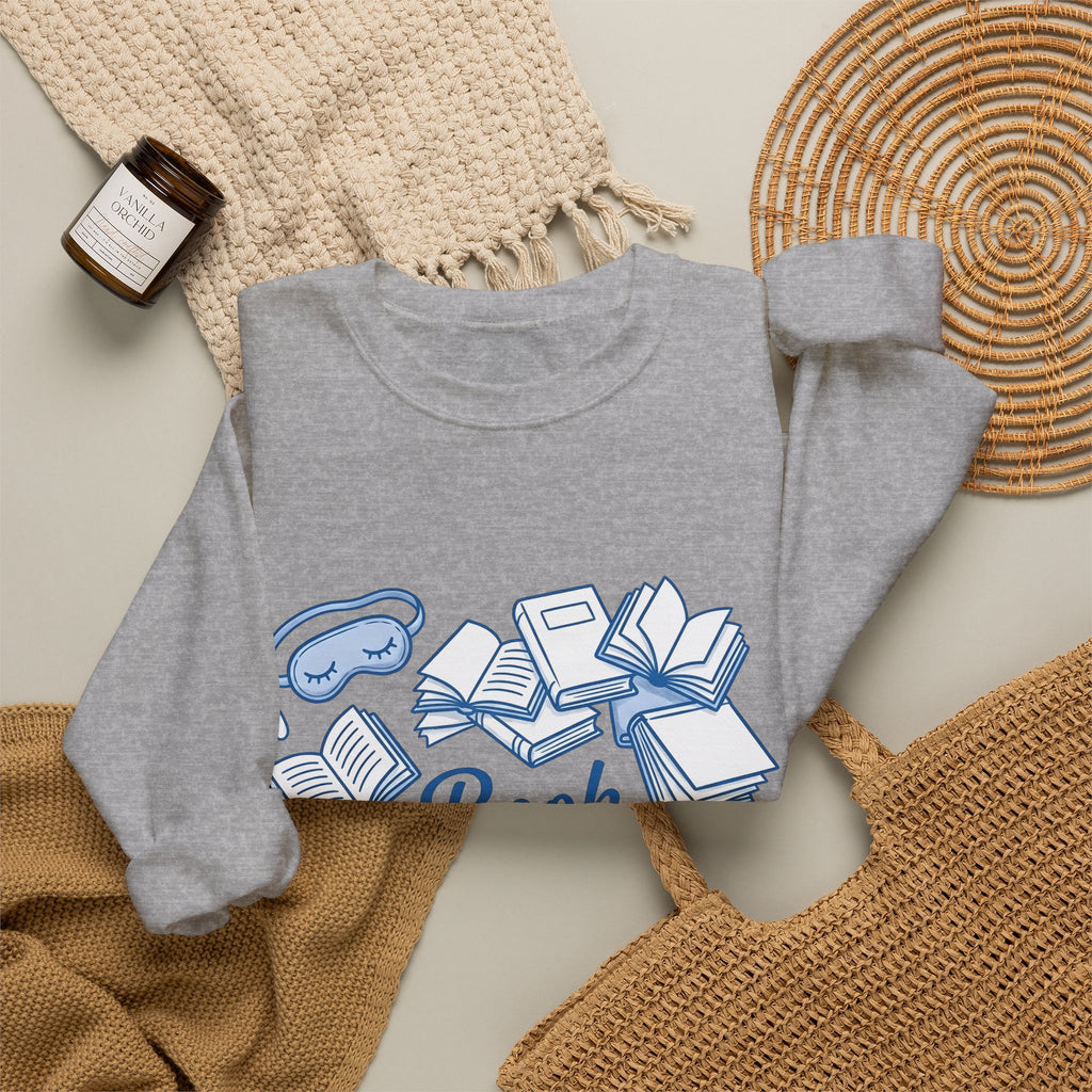 Book Stack Sweatshirt Book Reading Gift Women Doodle Sweatshirt Book Pile Sweatshirt Bibliophile Fan Illustrated Graphic Bookworm Design Whimsical Sleep