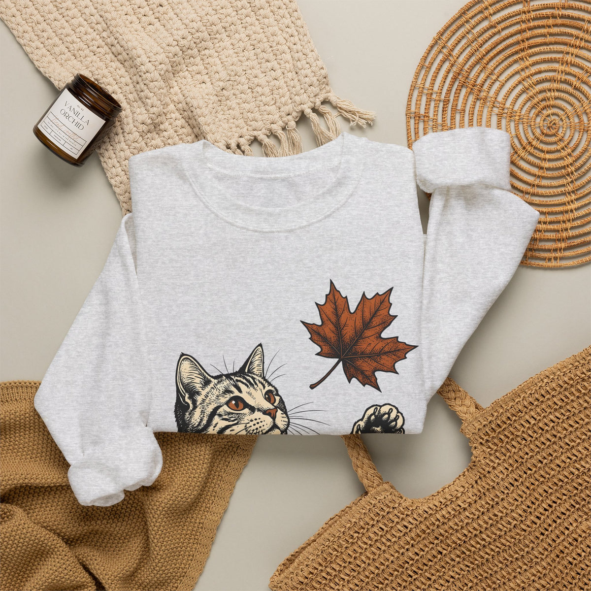 Tabby Cat Sweatshirt Cat Autumn Gift Women Vintage Sweatshirt Kitty Sweatshirt Feline Fan Retro Sweatshirt Fall Graphic Hand Drawn Maple Leaf Sweatshirt