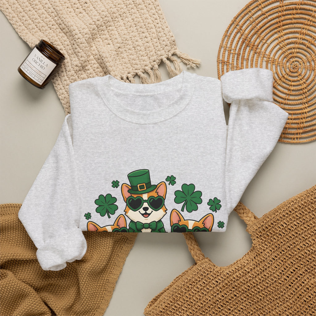 Corgi Puppies Sweatshirt St Patrick's Day Pet Owner Gift Women Comic Sweatshirt Puppy Sweatshirt Shamrock Fan Cartoon Sweatshirt Dog Mom Graphic Chibi Clover