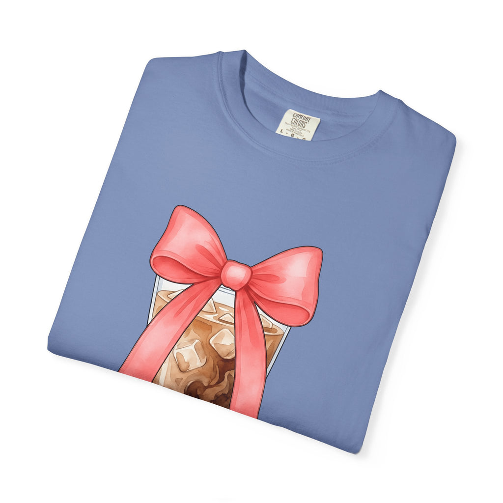 Iced Coffee T-Shirt Coffee Mom Gift Women Watercolor T-Shirt Cold Brew T-Shirt Coffee Fan Watercolour T-Shirt Mother Graphic Hand Drawn Pink Bow