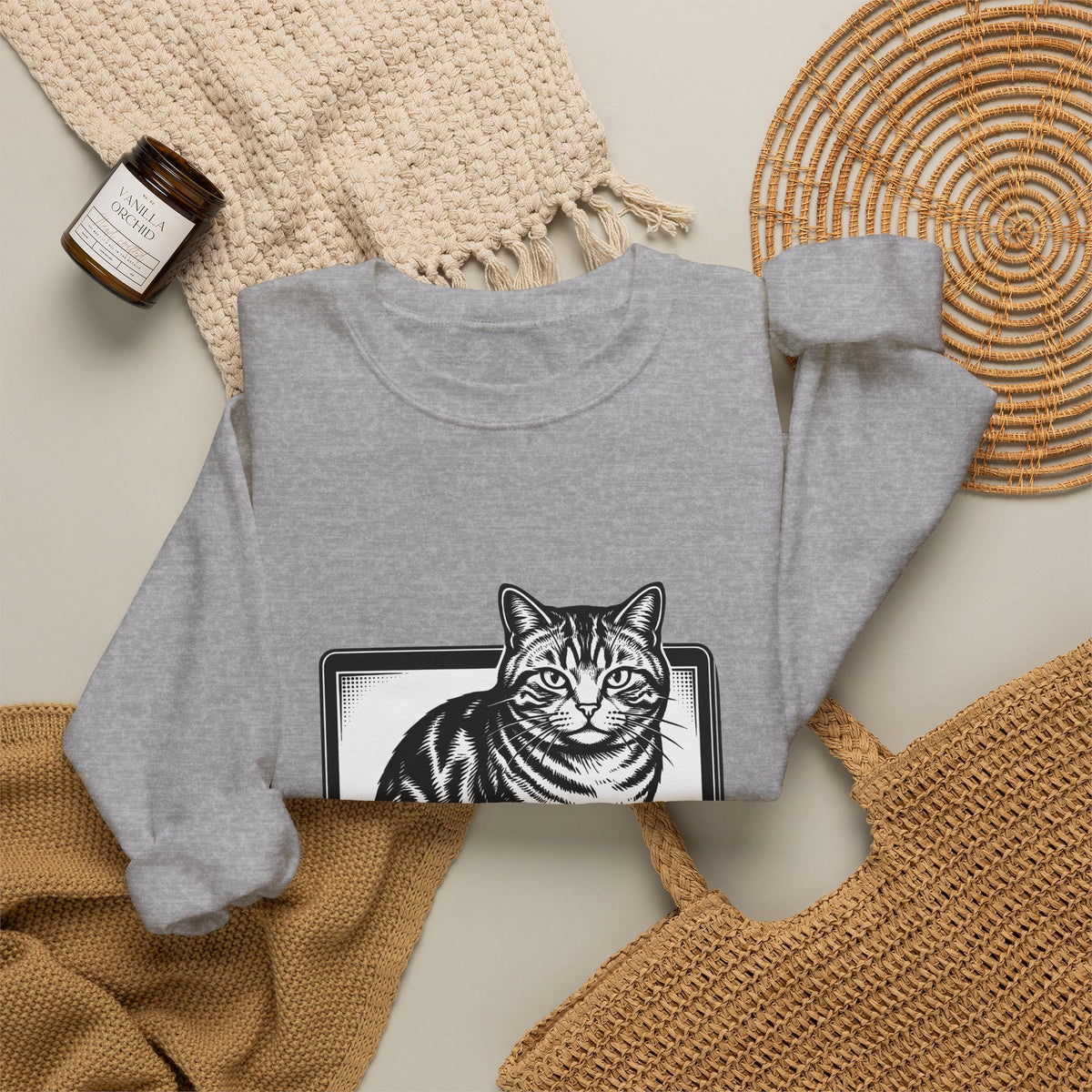 Orange Cat Sweatshirt Cat Gadgets Gift Women Classic Sweatshirt Kitty Sweatshirt Cat Fan Retro Sweatshirt Tech Graphic Doodle Notebook Sweatshirt