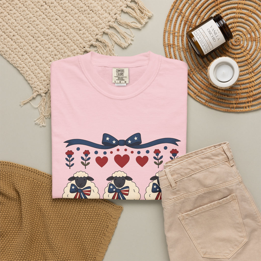 Usa Lamb T-Shirt 4th Of July Fauna Gift Women Handmade T-Shirt Lamb T-Shirt Patriot Fan Handmade T-Shirt Wildlife Graphic Old School Valentine