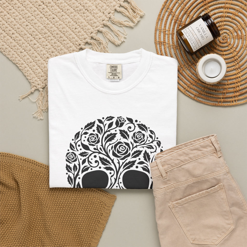 Blossom Skull T-Shirt St. Valentine's Day Macabre Gift Women Line Art T-Shirt Sugar Skull T-Shirt Valentine Fan Hand Drawn T-Shirt Dark Graphic
