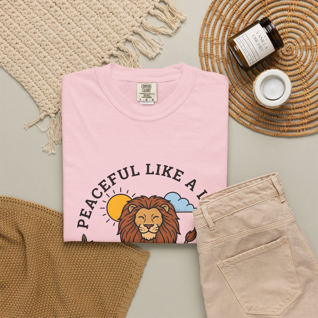 Meditating Lion T-Shirt Yoga Mindfulness Gift Women Cartoon T-Shirt Lioness T-Shirt Yoga Enthusiast Comic T-Shirt Meditation Graphic Minimalist Sun
