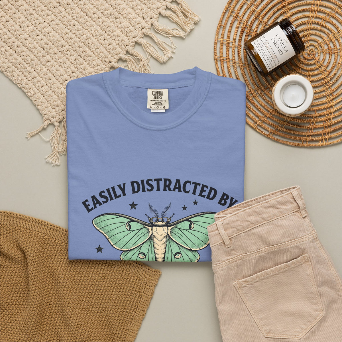 Luna Moth T-Shirt Funny Arthropod Gift Women Hand Painted T-Shirt Moth T-Shirt Humor Fan Hand Drawn T-Shirt Insect Graphic Cartoon Stars T-Shirt