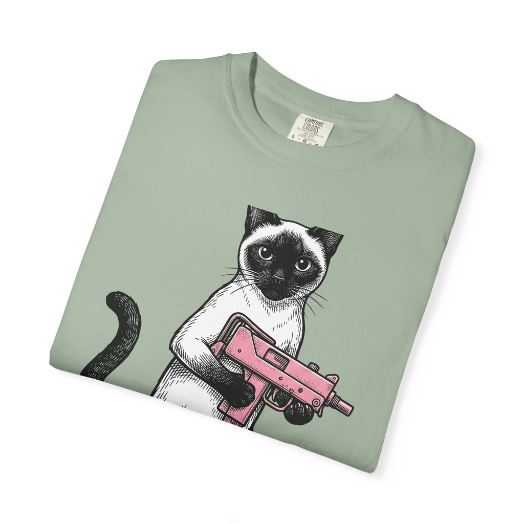 Siamese Cat T-Shirt Cat Humor Gift Women Hand Drawn T-Shirt Siamese T-Shirt Feline Fan Illustrated Graphic T-Shirt Vintage Toy Gun T-Shirt